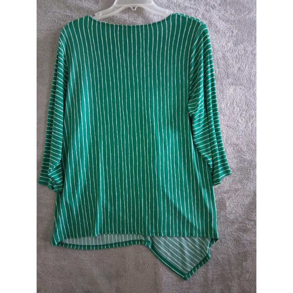 Chicos Travelers Top Sz 2 Lg Petite Liquid Knit 3/4 Sleeve Green Stripe Coastal - Picture 4 of 10